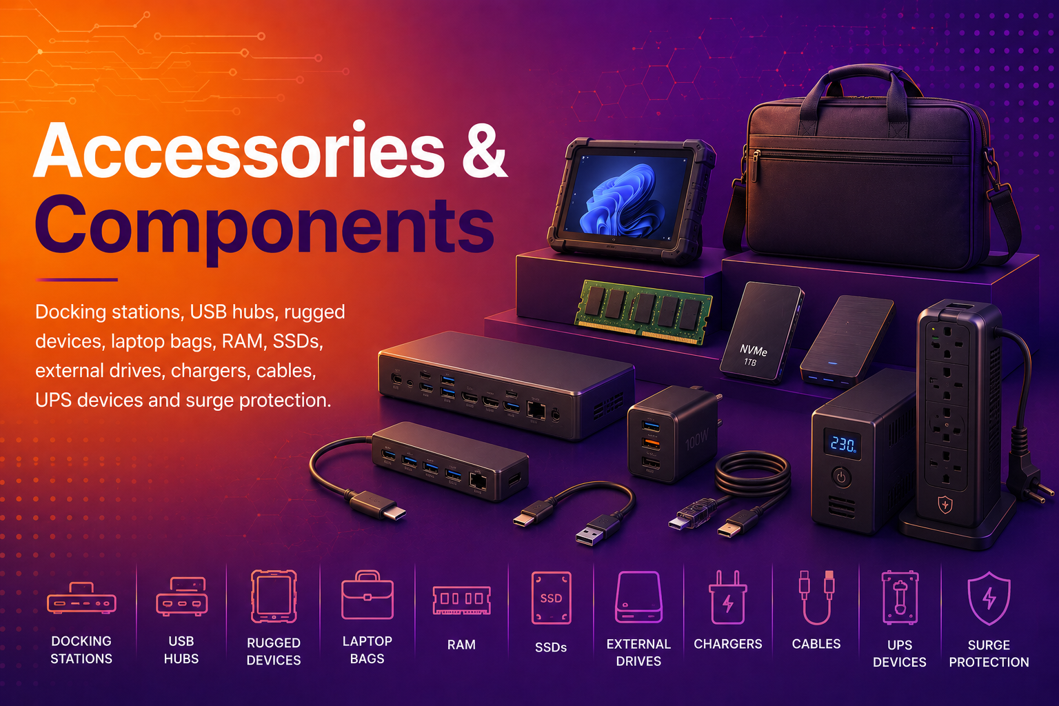 Accessories & Components service overview - Docking stations, USB hubs, rugged devices, laptop bags, RAM, SSDs, external drives, chargers, cables, UPS devices and surge protection.