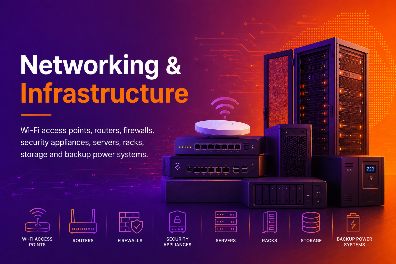 Networking & Infrastructure service overview - Wi-Fi access points, routers, firewalls, security appliances, servers, racks, storage and backup power systems.